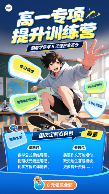 [海报主题] 高一专项提升课程宣传海报[氛围 / 风格] 日系动漫活力风 + 校园青春风格[画面元素] 主体是 1 位年轻男性，表情兴奋大笑，单腿屈膝踩在滑板上、伸手向前，身穿浅灰连帽卫衣 + 黑色短预览效果