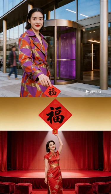 【上层场景，占比45%】：公司门口（参考图1） 。身穿紫色+橙色的拼接时尚质感高级定制高定服饰（参考图3）的高级亚洲模特（参考图2），她大眼睛双眼皮，长相很时髦，微笑，齐肩短发大背头，模特站旋转门口迎预览效果