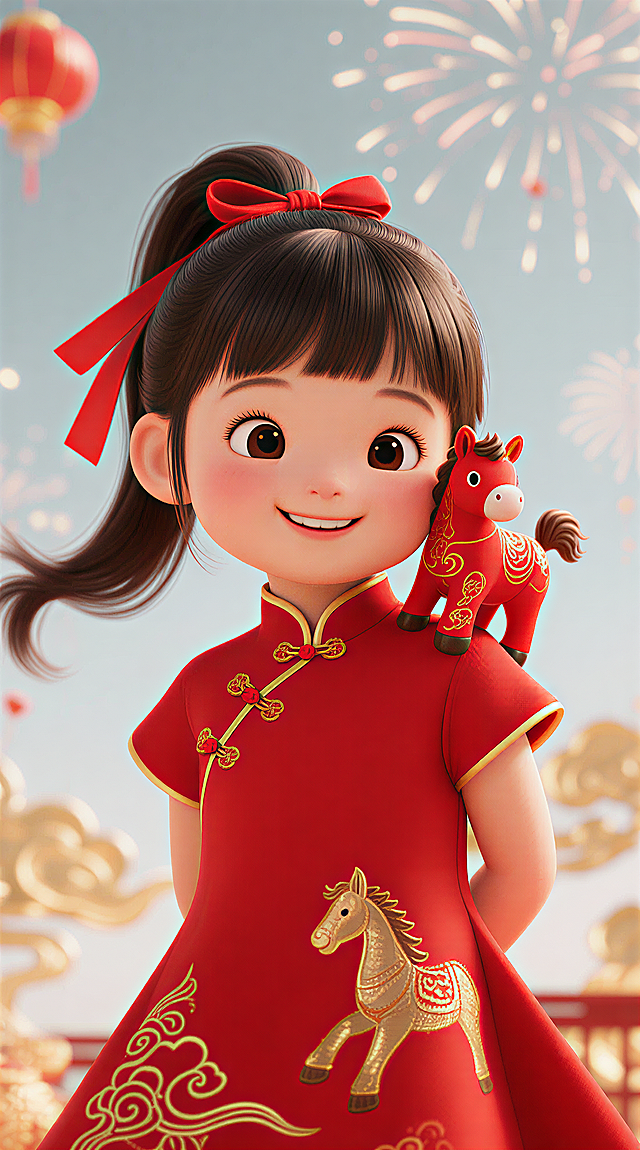C4D 建模风格，2026 新年恭贺主题 IP 形象，可爱元气的高马尾小女孩，齐刘海 + 高扎红色丝带蝴蝶结马尾，灵动杏眼笑眼弯弯，脸颊带喜庆红晕，身穿喜庆正红色国风新中式连衣裙，衣摆点缀金色祥云纹样与马纹刺绣，融合生肖马元素 —— 女孩肩头趴伏一只萌态卡通小马，小马通体赤红配鎏金纹路，与女孩造型呼应，整体造型圆润饱满，3D 立体质感，光影通透柔和，金属质感与布艺质感细腻，新年喜庆氛围拉满，色彩以