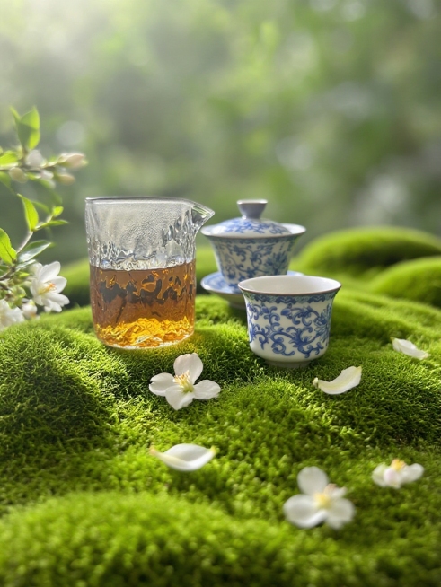 主体置于绿色起伏错落的青苔上，背景虚化绿植，底部散落花瓣，光影效果，左侧伸出茉莉花花枝预览效果