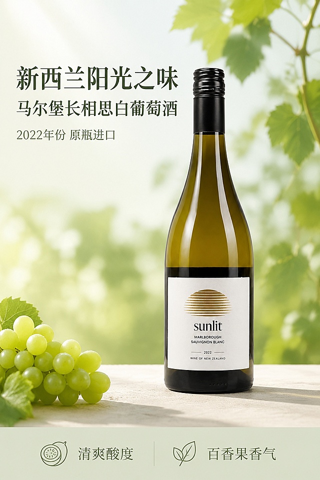 [第1屏] 详情页头图-凌光马尔堡长相思白葡萄酒新品宣传。本屏使用【图1】作为商品主体。
[氛围/风格] 清新高级简约风，清新自然光影，商业摄影质感，突出葡萄酒优雅质感。
[元素布局] 葡萄酒瓶放置在画面中下偏右位置，占比约65%-70%，画面左上为标题区域，背景搭配淡绿色清新葡萄藤虚化背景，左下角点缀新鲜青葡萄串装饰，产品瓶身结构、颜色、标签文字与输入产品图保持完全一致。
[光影质感] 左上侧柔散光为主光源，右下自然投影，瓶身玻璃通透高光保留，整体明亮清透。
[配色色系] 全局底色 #F2F7F3，主色淡橄榄绿，辅助色深墨绿标题，米白色文字块。
[视角构图] 正面平视视角，产品为绝对视觉中心，阅读动线左上标题→右侧产品→左下角装饰。
[文字版式] 版式为左上标题区+右侧主体产品+底部浅绿信息条。主标题「新西兰阳光之味」，副标题「马尔堡长相思白葡萄酒」，采用温润宋体，左对齐排版；标题下浅绿小字标注「2022年份 原瓶进口」；底部信息条展示核心卖点「清爽酸度 百香果香气」，文字不遮挡瓶身主体。
[比例分辨率] 9:16竖版比例，4K分辨率，文字清晰可辨，高清画质。
[负向提示词] 瓶身变形，缺件错件，颜色偏差，包装文字错乱，水印，文字过小，背景杂乱