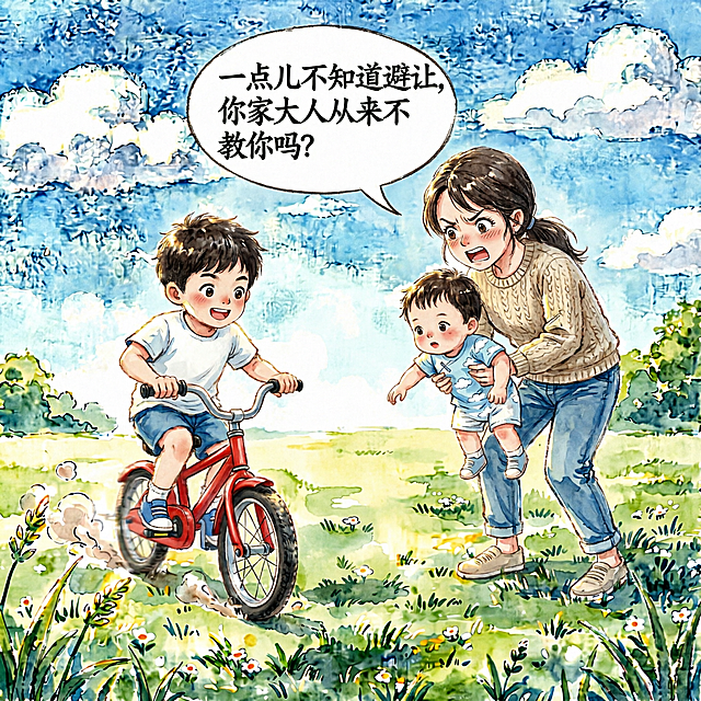 去掉自行车旁边站立的两岁小仙君，保留骑车的男孩，以及妈妈抱着小仙君，公园草地蓝天白云背景不变，保持和原图一致的温暖水彩卡通风格，补全去掉小仙君后的草地背景