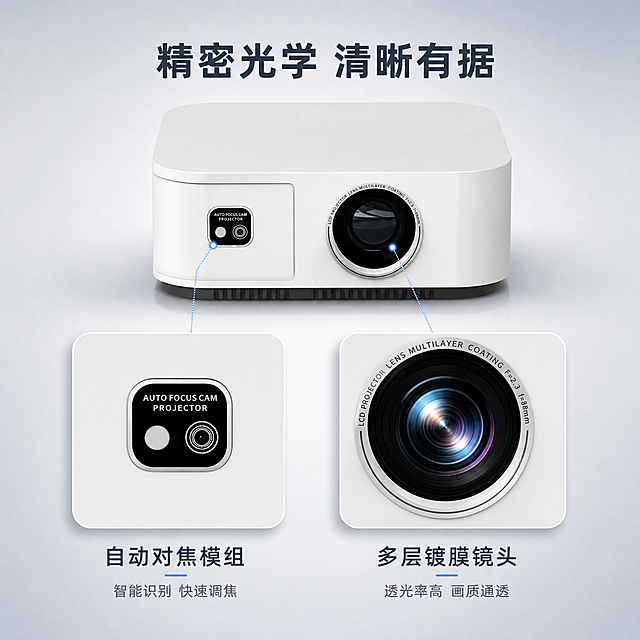 [主图-3] 投影仪结构细节证据图，镜头与对焦模组特写，简约科技风。
[氛围风格] 细节密集型，精密科技感，淡雅克制，专业品质。
[画质] 微距商业摄影质感，细节锐利，材质真实，光影细腻。
[元素] 画面上半部分展示投影仪正面完整机身，略偏右放置；下半部分用两个圆角放大窗展示局部细节：左放大窗展示自动对焦模组（AUTO FOCUS CAM区域），右放大窗展示高清镜头多层镀膜细节。保持投影仪外观与输入产品图完全一致，杜绝变形色差。背景为极浅灰蓝色，有细微径向渐变，底部有柔和投影。商品主体（完整机身）占比约40%。
[光影] 正面柔光为主，镜头玻璃有环形高光反射，对焦模组细节清晰可见；整体光比柔和，突出材质与精密感。
[配色] 主色极浅灰蓝（背景）；辅色白色（机身）；强调色银灰色（镜头金属圈）、淡蓝色（引线与标注）。
[视角构图] 平视微俯，完整机身在上，细节放大窗在下，左右分布；引线从放大窗指向机身对应部位，引导视线。
[文字版式] 画面顶部居中主标题"精密光学 清晰有据"，深灰蓝大号粗体无衬线。左下放大窗旁标注"自动对焦模组""智能识别 快速调焦"，引线指向对焦模组；右下放大窗旁标注"多层镀膜镜头""透光率高 画质通透"，引线指向镜头。标注文字为中文，短词+短句，字号适中，不遮挡产品。
[输出要求] 1:1比例，2048x2048，文字清晰锐利，超高清商业摄影质感。
[负向提示词] 变形，文字错乱，产品模糊，背景杂乱，水印，电商平台Logo，多余手指，肢体扭曲。