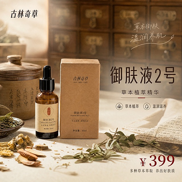 [主图-1] 首图品牌调性，主打草本植萃护肤精华，突出产品高级质感与中药草本氛围。
[统一基调] 小红书原生氛围感，中药草本风格，整体色调以暖棕、米白、深绿为主，营造古朴自然的中草药铺氛围。主标题字体选用干净非衬线体，字色为深棕褐色，辅助文字为浅褐色，强调色为朱砂红。整体画面柔和自然光，温润有质感，避免纯电商广告风。
[画面] 画面中央偏左位置放置古林奇草御肤液2号棕色滴管瓶与牛皮纸包装盒，瓶身标签文字清晰可见，产品占比约60%。背景为中式中药柜抽屉虚化背景，柜台上散落少量干草药、艾草叶、甘草片、菊花等草本植物，旁边放置一个古朴陶瓷药罐。右上角用手写风格小字标注「草本御肤 温润养肌」。右下角醒目位置标注价格「¥399」，配小字「多种草本萃取 养出好肤质」。左上角放置品牌Logo「古林奇草」。
[光影质感] 柔和自然光从左上方斜射，在产品底部形成自然接触阴影，瓶身玻璃有温润反光，牛皮纸盒呈现自然纸材质感，整体商业摄影质感，画面通透不暗沉。
[配色] 主色暖棕褐色 + 米白色背景 + 深绿色草本点缀 + 朱砂红价格强调色，整体统一中药草本调性。
[文字版式] 主标题文字放在右侧负空间，不遮挡产品主体。价格数字最大最醒目，辅助说明文字字号缩小50%以上。文字横排，清晰可读。
[输出要求] 比例1:1，2K分辨率，文字清晰无错字，产品外观与输入图完全一致，无变形无悬浮。禁止出现化学成分名称、生产厂家信息、平台Logo、水印。负向：模糊、杂乱、夸张修图、医疗暗示、绝对化用语。