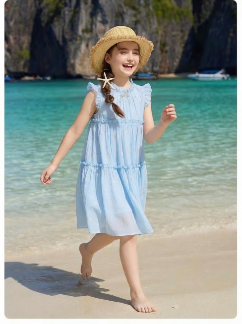 图中的小女孩，保持穿着浅蓝色飞袖连衣裙、编发戴草帽、海边浅滩的场景，动作替换为在沙滩上笑着奔跑，不拿篮子预览效果