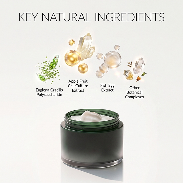 [Main Image 5] Multi-ingredient display for anti-aging cream. [Atmosphere Style] Clean, high-end, natural technology style. [Image Quality] Commercial photography, high-definition clarity, soft light, picture clean and advanced. [Elements] The intact jar of anti-aging cream is placed in the lower center, above the jar are suspended the core natural ingredients of the product: tiny euglena gracilis polysaccharide, apple fruit cell culture extract, fish egg extract and other core ingredients are presented in the form of natural raw materials or 3D crystalline small particles, evenly arranged around, the composition is hierarchical. Keep the product appearance absolutely consistent with the original image. [Light and Shadow] Soft natural light, light evenly distributed, crystal particles have soft light transmission, the picture is bright and transparent. [Color Matching] Main color light bright off-white background, natural light color of raw materials, dark green product bottle. [Perspective Composition] Centered composition, product and ingredients layered, full screen no border. [Text Layout] All English, the title "Key Natural Ingredients" at the top, each ingredient corresponds to a small text label below the raw material, font is thin, high-end contrast clear, text does not block the product. [Proportion Resolution] 1:1 proportion, 2K resolution, text clear, super high-definition. [Negative prompt] Deformation, watermark, text confusion, background messy, Chinese characters, decorative border, irrelevant props