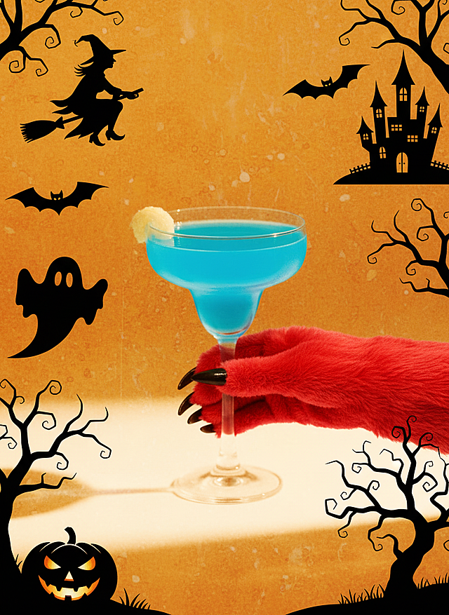 一只红色毛绒怪物的手端着主体，橙黄色复古纹理背景，边缘点缀黑色剪影风格的万圣节元素：南瓜灯、幽灵、蝙蝠、女巫剪影、城堡和扭曲的树木