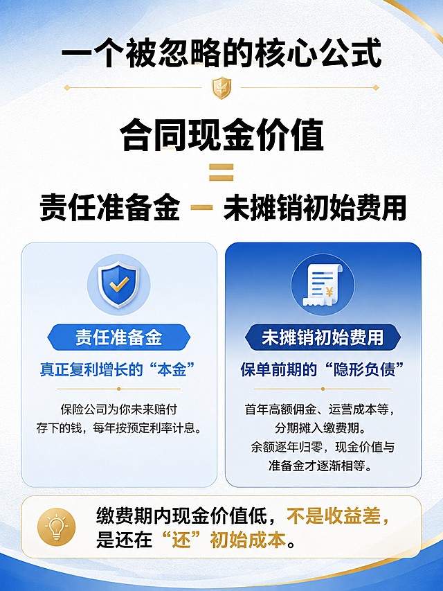 重疾险知识科普核心公式拆解图，竖版3:4卡片式排版，专业简约风格。顶部居中主标题"一个被忽略的核心公式"，中心位置用大号加粗字体呈现核心公式"合同现金价值 = 责任准备金 − 未摊销初始费用"。公式下方分左右两个彩色模块，左侧浅蓝色模块配盾牌图标，标题为"责任准备金"，内容写着"真正复利增长的“本金”
保险公司为你未来赔付存下的钱，每年按预定利率计息。"；右侧深蓝色模块配票据图标，标题为"未摊销初始费用"，内容写着"保单前期的“隐形负债”
首年高额佣金、运营成本等，分期摊入缴费期。
余额逐年归零，现金价值与准备金才逐渐相等。"。页面底部一句话总结"缴费期内现金价值低，不是收益差，是还在“还”初始成本。"。整体色调：冷静专业保险蓝搭配暖金色点缀，背景柔和渐变带细微纸张纹理，标题粗黑体，正文等线体，开阔留白聚焦核心公式，信息清晰，适合手机阅读。