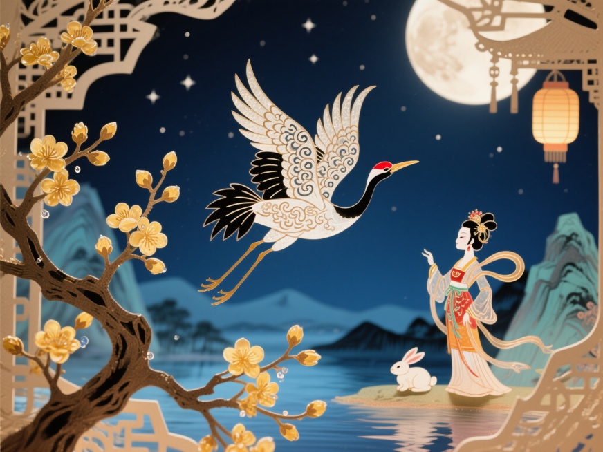 前景是苍劲的桂花枝，虬曲的枝干上缀满金灿的花苞与半绽的花瓣，夜露凝结在瓣尖泛着微光，枝桠交错遮挡住半幅画面，增添自然野趣。画面核心是皮影风格的瑞鹤，羽毛间镂刻着云纹、回纹等中式纹样，朱红的喙，玄黑的翅预览效果