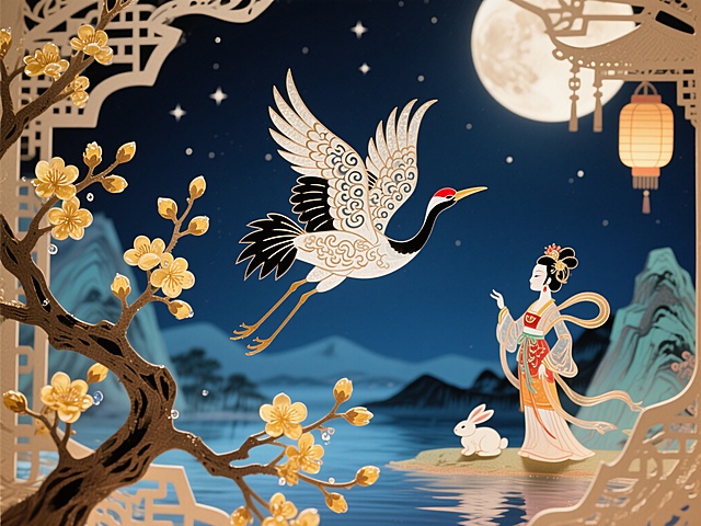 前景设苍劲桂花枝，虬曲枝干缀满金灿花苞与半绽花瓣，夜露凝于瓣尖泛微光，枝桠交错遮半幅画面，添自然野趣。画面核心是皮影风格的瑞鹤，羽间镂刻云纹、回纹等中式纹样，朱红喙、玄黑翅，双翅舒展似拂星河，轻盈悬浮于墨蓝夜空。夜空缀疏星与宫灯虚影，光影对比强烈，构图斜向延伸破常规，皮影边缘泛朦胧光晕，整体飘逸灵动，满含中式浪漫。增加有山有水，有嫦娥和月兔，以嫦娥为主体