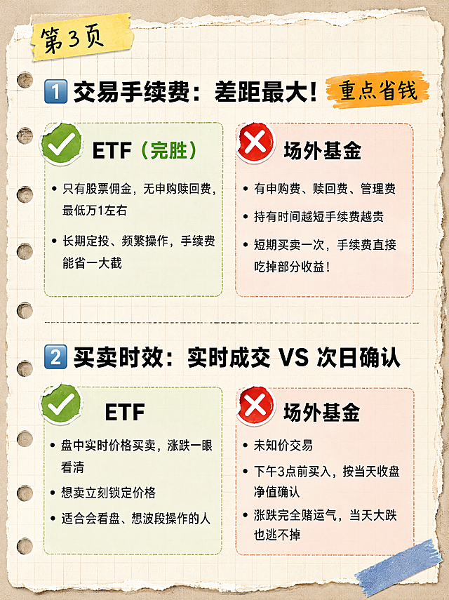 小红书笔记内页，手账拼贴风格，版式精美，小红书笔记封面质感，浅米色笔记纸纹理背景，带细网格线，左侧有活页打孔，边缘撕边效果。页面顶部黄色便签贴纸写着「第3页」。主标题使用方正兰亭刊黑粗体，逐字锁定：「1️⃣ 交易手续费：差距最大！」，标题旁有橙色高亮色块写着「重点省钱」。内容分上下两部分：上半部分左侧绿色对勾贴纸+「ETF（完胜）」，正文方正兰亭刊黑常规体：「只有股票佣金，无申购赎回费，最低万1左右」「长期定投、频繁操作，手续费能省一大截」；右侧红色叉号贴纸+「场外基金」，正文：「有申购费、赎回费、管理费」「持有时间越短手续费越贵」「短期买卖一次，手续费直接吃掉部分收益！」。下半部分主标题：「2️⃣ 买卖时效：实时成交 VS 次日确认」，左侧绿色对勾+「ETF」：「盘中实时价格买卖，涨跌一眼看清」「想卖立刻锁定价格」「适合会看盘、想波段操作的人」；右侧红色叉号+「场外基金」：「未知价交易」「下午3点前买入，按当天收盘净值确认」「涨跌完全赌运气，当天大跌也逃不掉」。右下角有蓝色胶带装饰。整体氛围：手账笔记感、对比清晰、干货满满。画质：高清细腻，文字完整处于安全区内不可裁切。画面比例 3:4，4K。