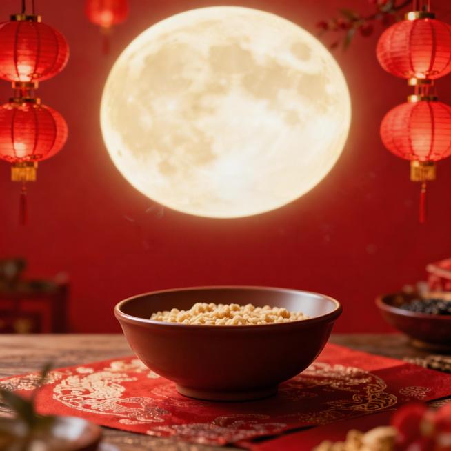 元宵节主题海报，画面中有软糯香甜的芝麻馅元宵，冒着热气的青花碗，背景是红色灯笼和圆月，搭配文案“闹元宵 享团圆”，整体风格喜庆温馨，充满传统节日氛围预览效果