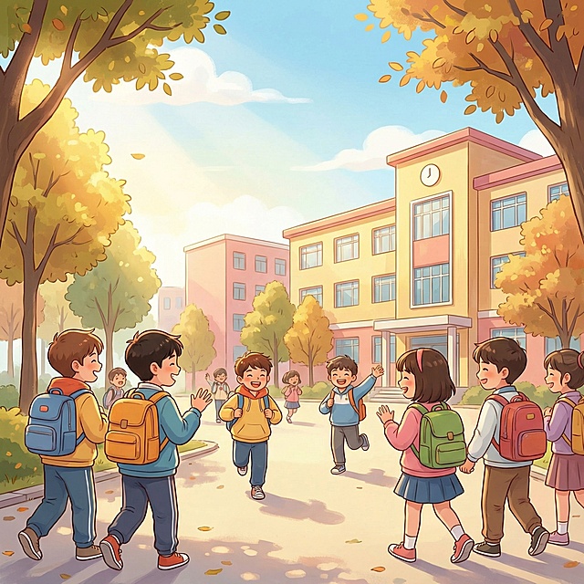 参考图中的清新治愈卡通画风，绘制孩子们背着书包开心走向学校的开学场景，画面明亮温馨