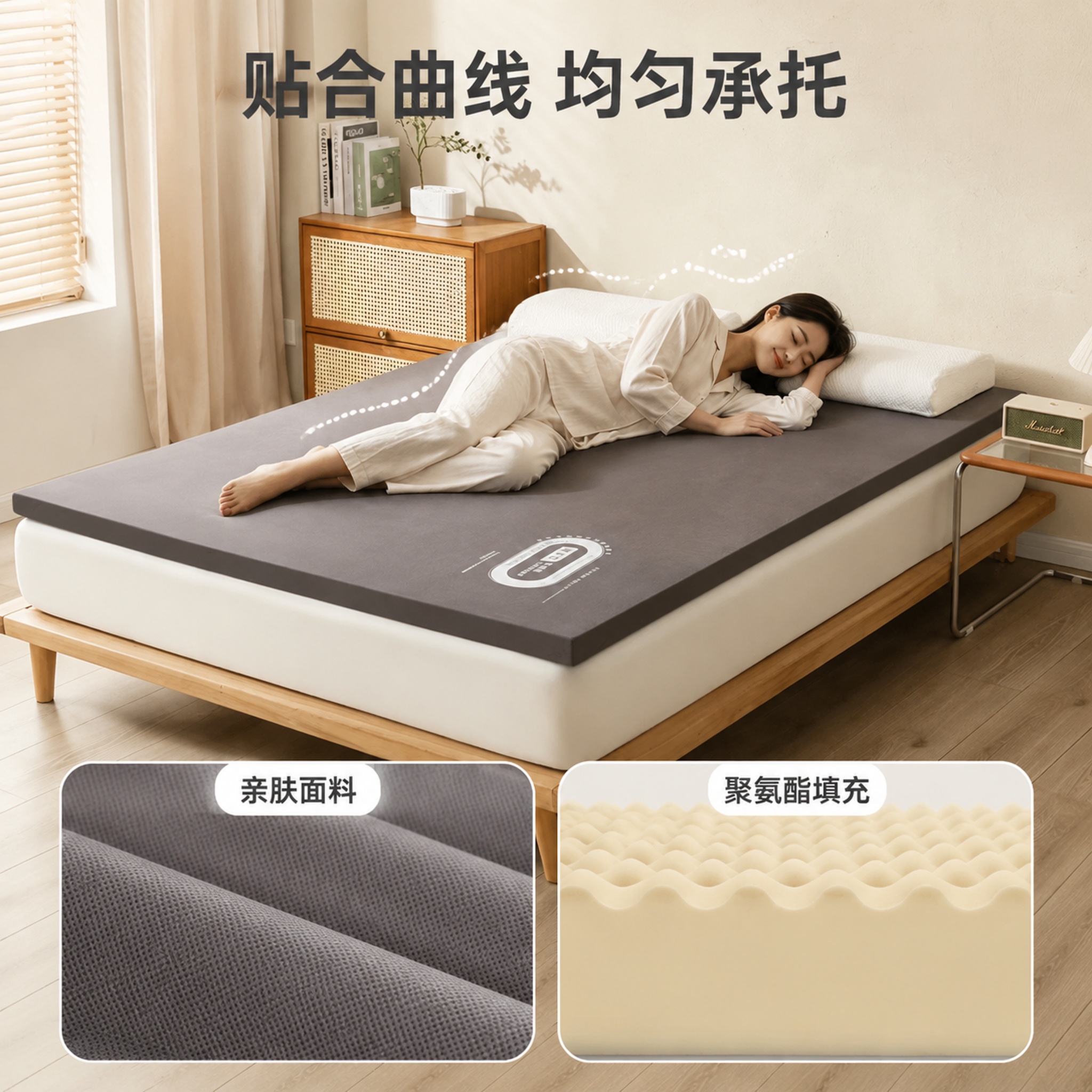 [主图-2] 聚氨酯床垫支撑功能人体工学亮点图。 [氛围风格]… - 图片创意预览