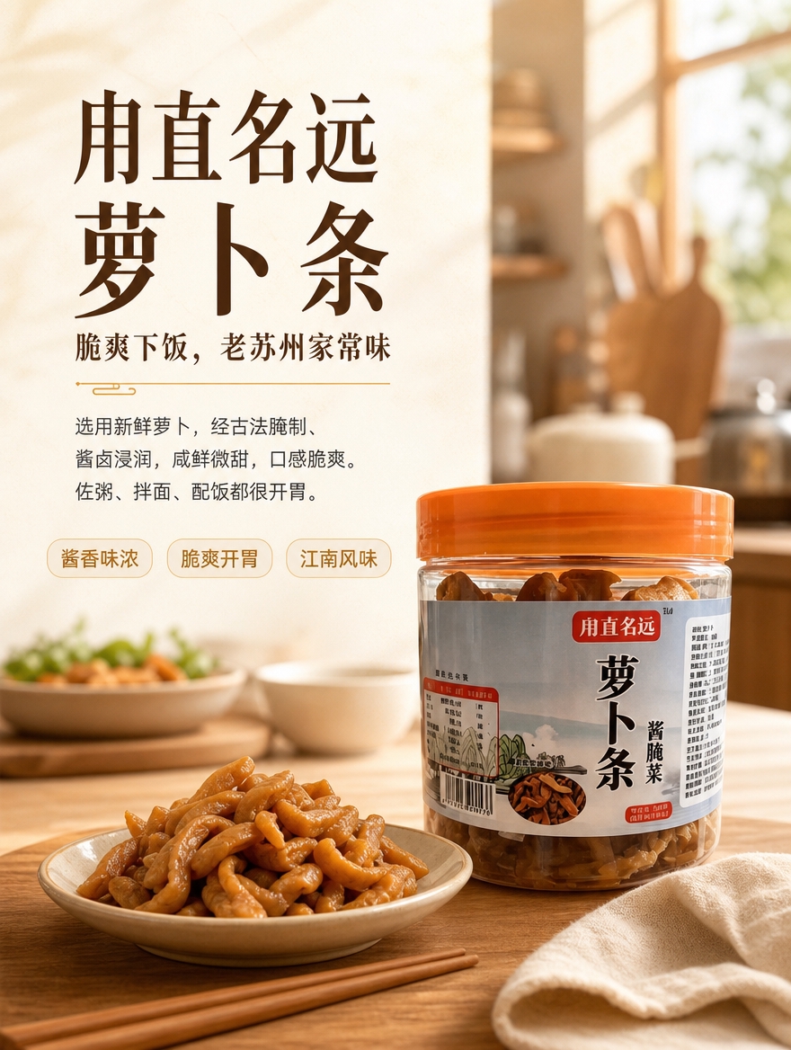 [商品] 使用【图2】罐装萝卜条作为唯一主产品；保留透明罐身、… - 图片创意预览