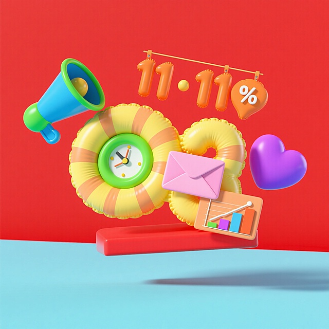 软3D风格的双十一促销海报，融合充气元素与孟菲斯色彩，卡通感十足，营造活泼可爱的节日氛围。