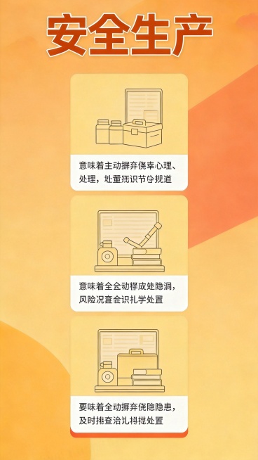 参考图橙黄色风格，三个栏目从上至下竖向排列，每个栏目改为图标在上，文本在下，图标使用和参考图类似的简约小图标，不要人物，保持和参考图一致的排版，标题安全生产放在顶部，文案正确完整保留预览效果