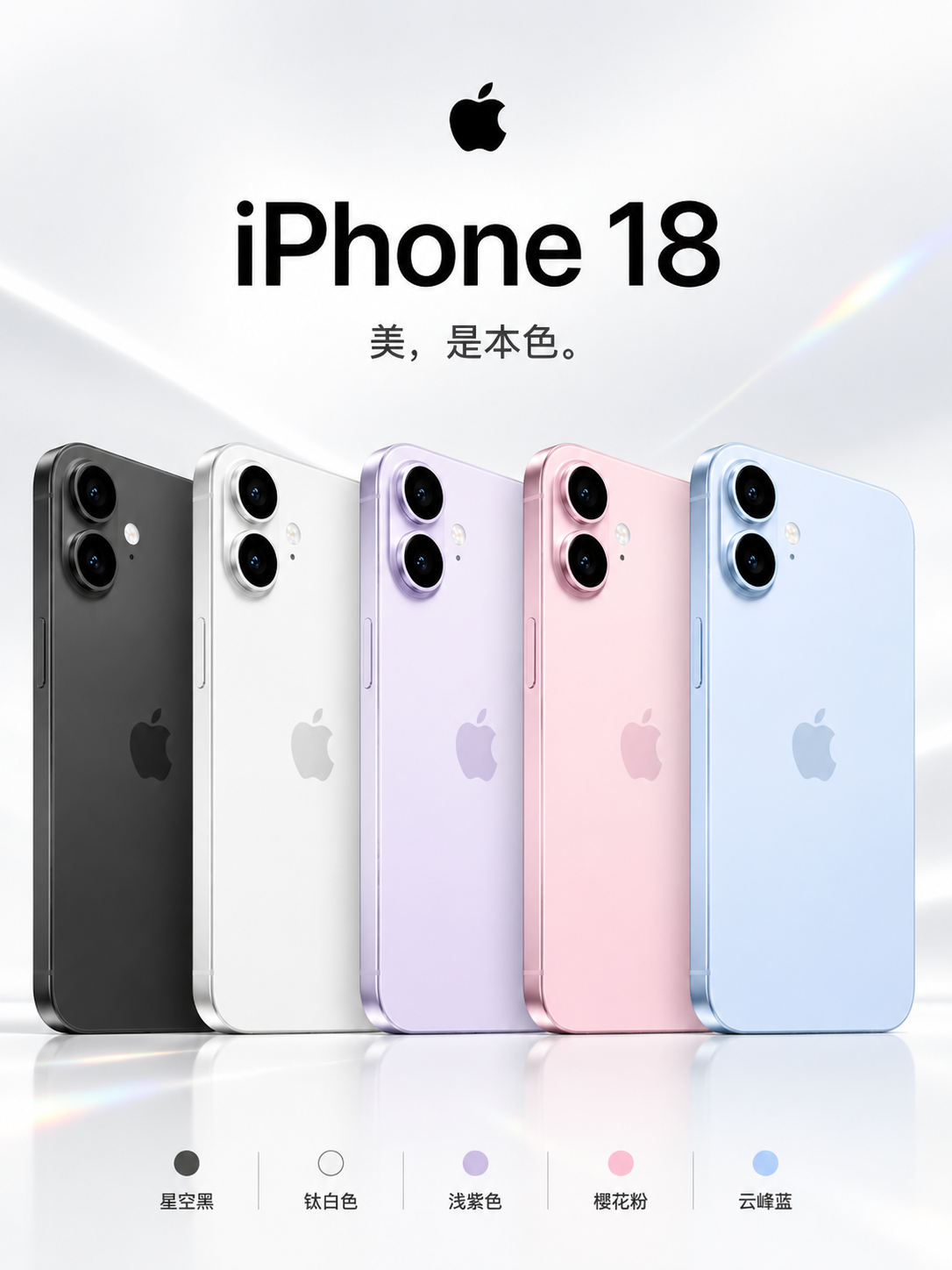 基于参考图进行重绘，保持五部iPhone 18手机的排列方式和… - 图片创意预览