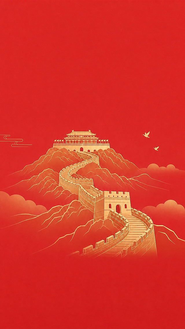 去除画面中所有文字和二维码，只保留纯视觉画面。

具体修改：
1. 完全删除顶部的"National Day Holiday"英文文字和中间的五角星装饰线
2. 完全删除中间的"欢度国庆"四个大字和下方的装饰分隔线
3. 完全删除底部的"10·01"数字、"锦绣中华 国泰民安"文字以及下方的天安门小图标和装饰线
4. 完全删除左下角的二维码占位方块及其内的"二维码占位"文字
5. 所有文字删除后，用周围的红色背景自然填补，保持画面完整统一，不留痕迹
6. 保留长城、天安门城楼、山峰、祥云、飞鸟等所有视觉图形元素不变
7. 保留清爽的红金配色和简约风格，画面干净无任何文字
8. 整体构图保持居中平衡，删除文字后视觉重心自然落在长城天安门主视觉上