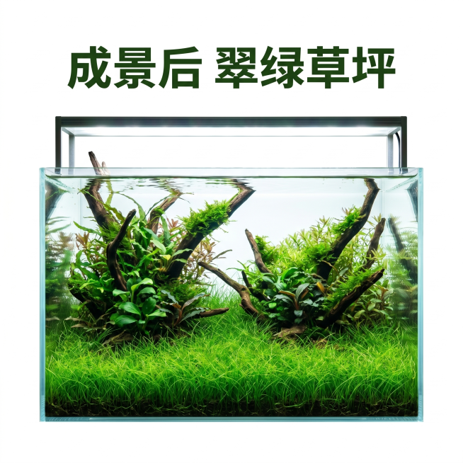 [主图 9] 迷你牛毛水草成品造景效果展示
[氛围风格] 自然美观造景展示风格
[画质] 真实水族造景摄影质感，清晰通透，氛围自然。
[元素] 展示完整草缸成品造景，迷你牛毛铺满整个前景，形成翠绿草坪预览效果