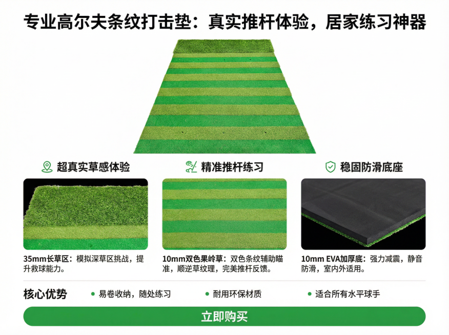 生成商品详情页，要有文案内容和排版，文案内容不要偏离产品定位，产品定位为高尔夫条纹打击垫，拥有35mm长草和10mm双色果岭草和10mmEVA底预览效果
