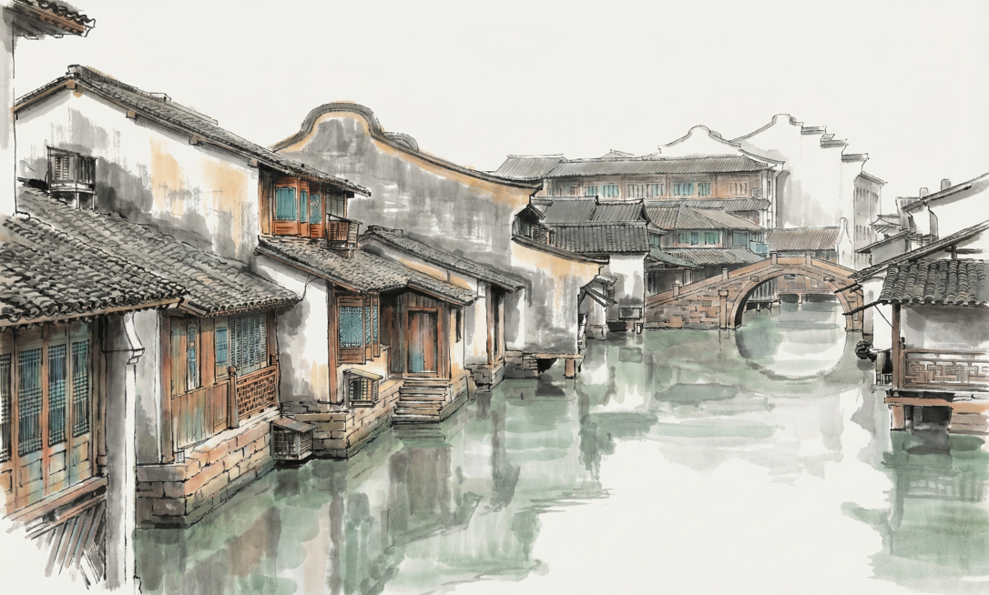 将这张江南水乡图片转换成彩色水墨风格，保留水乡古建筑和河道的构图，画面保留大量留白，适合作为背景使用预览效果