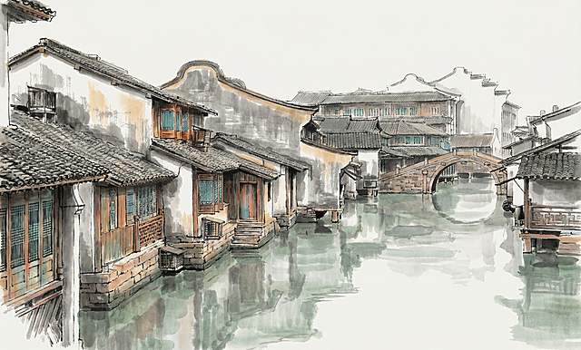 将这张江南水乡图片转换成彩色水墨风格，保留水乡古建筑和河道的构图，画面保留大量留白，适合作为背景使用