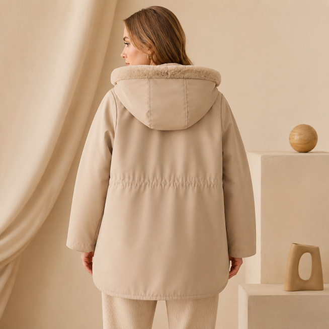A beautiful European female model wears this beige fur-lined hooded parka coat, show the back view o预览效果