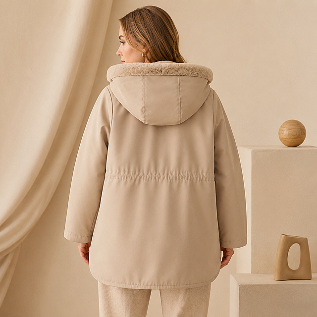 A beautiful European female model wears this beige fur-lined hooded parka coat, show the back view of the clothing, placed in a minimalist warm indoor scene, highlight the product's texture and version, do not change the original design of the clothing, do not miss any details, no Chinese text, no tags, keep the product all original design details