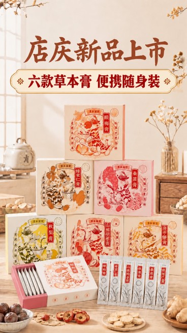 调整现有海报，增大加粗副标题"六款草本膏 便携随身装"，加强文字对比度让其更突出醒目，保持产品颜色、主标题和整体构图风格不变。预览效果