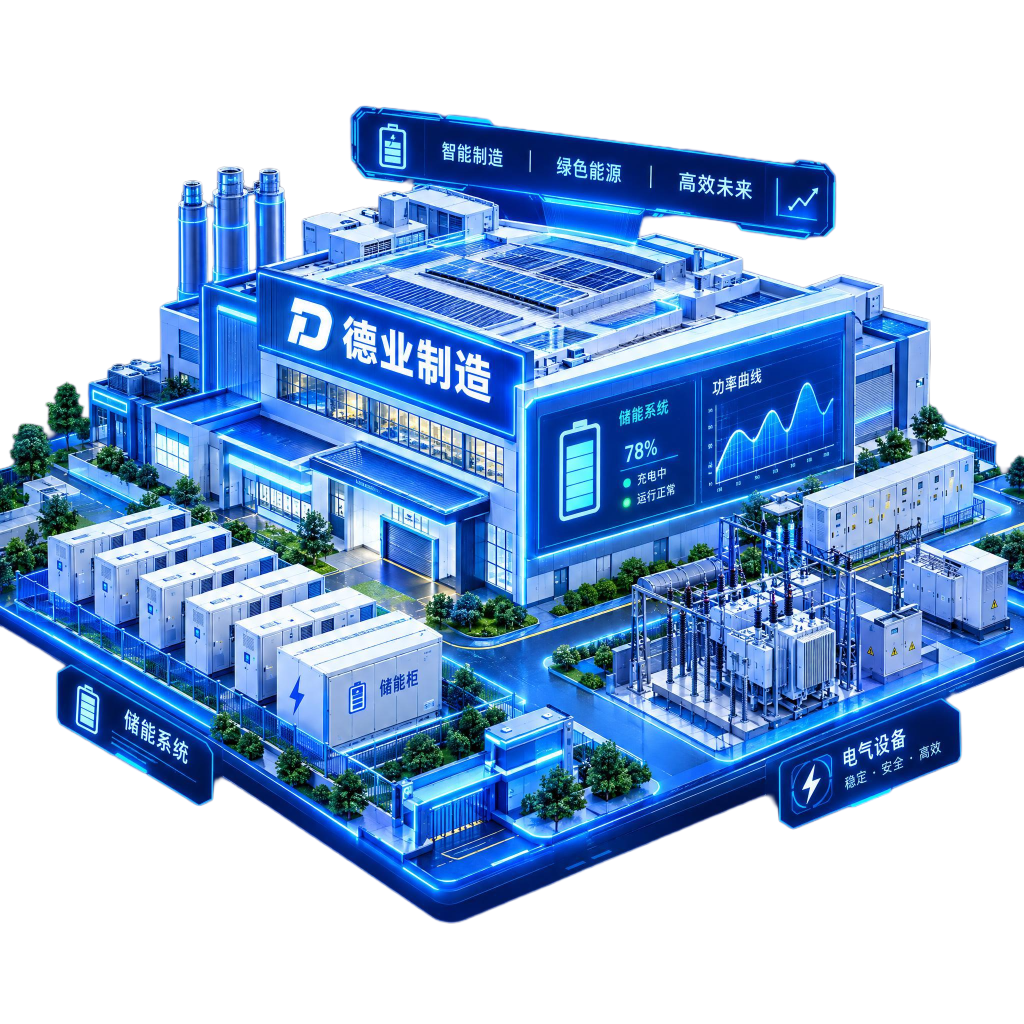 德业制造智能工厂3D等距效果图，蓝色科技发光风格，工厂主体建筑… - 图片创意预览