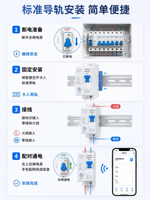 [第12屏] 安装兼容说明-安装步骤演示。
[氛围/风格] 步骤演示，清晰分步，简单易懂，适合用户自行安装参考。
[元素布局] 四步分步分栏排版：第一步断电准备，标识原有电箱断电；第二步固定安装，将智预览效果