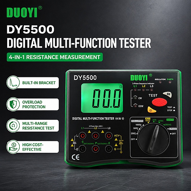 [单张主图] DUOYI DY5500 4-in-1 Digital Ground Resistance Tester, it is a multi-functional measuring instrument. Main title "DY5500 Digital Multi-Function Tester", subtitle "4-IN-1 Resistance Measurement". Route for high-information density professional promotional main image, suitable for cross-border AliExpress e-commerce. Keep all product appearance, physical structure, material texture, color, brand logo and text information consistent with the input product picture, eliminate any distortion and color difference, fine processing. Product body accounts for 65% of the picture. The layout is left text right product with parameter labels, top DUOYI logo left aligned. The main title is large bold sans-serif font, white color. The core selling points on the left are arranged vertically: "Built-in Bracket", "Overload Protection", "Multi-range Resistance Test", "High Cost-Effective". Each selling point uses a small white label with green text, clear hierarchy. The background is a low-saturation dark gray gradient with light metal texture, clean and professional. Lighting: main light from the front left, soft and even, auxiliary light fills the right side, clear edge highlights, the product screen glows naturally, layered, no dirty dark areas, restore the professional instrument texture. Color matching: main color dark gray, auxiliary color product green border, highlight color bright green text and labels, contrast sharp, strong sense of technology. Viewpoint: frontal平视, product centered, clear focus, deep moderate. All visible text is in English, clearly legible, no text confusion. 1:1 square ratio, super clear high-definition commercial photography texture. Negative prompt: deformation, text confusion, blurred product, messy background, watermark, e-commerce platform logo, Chinese text, distorted product structure.