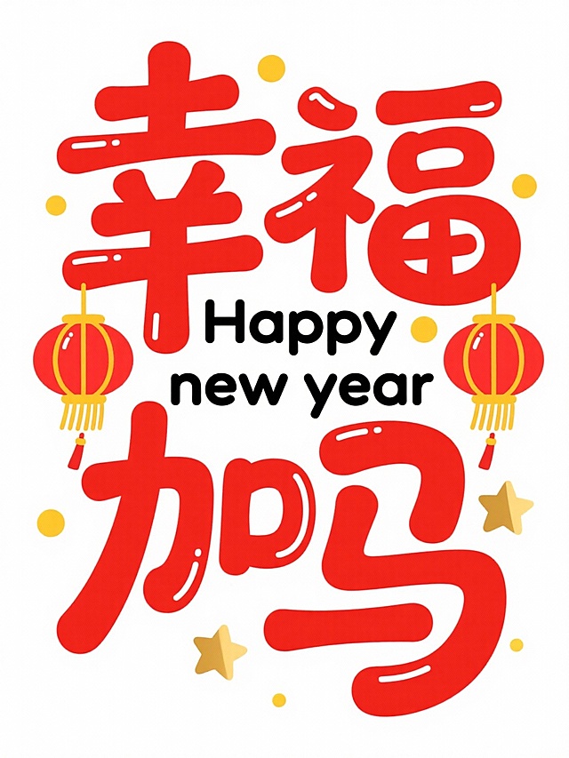 ```
新年主题卡通文字插画，细节如下：
1. **文字元素**：
   - 主文字：“幸福加马”四字，采用红色粗体卡通字体，笔画圆润饱满，边缘带白色描边增强醒目度；
   - 副文字：“Happy new year”，位于主文字下方，采用简洁的黑色无衬线字体。

2. **装饰元素**：
   - 灯笼：2个红色传统中式灯笼（带金色线条装饰、黄色流苏），分别挂在“幸”字左侧与“马”字右侧，灯笼造型小巧可爱；
   - 点缀：文字周围散布金色五角星、黄色小光点，增加节日氛围感。

3. **风格与色彩**：
   - 风格：扁平卡通风格，线条简洁圆润，无复杂纹理；
   - 色彩：主色调为红色（文字、灯笼）、金色（装饰、光点），搭配白色描边、黑色副文字，背景为纯白色，色调喜庆明快。

4. **构图布局**：
   - 中心构图，“幸福加马”主文字占据画面核心，灯笼对称分布于文字两侧，副文字位于主文字正下方，点缀元素环绕文字散布，整体布局紧凑且视觉焦点明确。
```