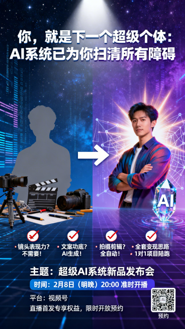 结合您的直播核心“0门槛打造超级个人IP”，我为您提炼了几个视觉与文案的关键方向，让海报瞬间抓住目标用户（渴望成功但缺乏技能的普通人）。---一、海报核心视觉元素建议1. 主体符号：阶梯/魔方/火箭预览效果
