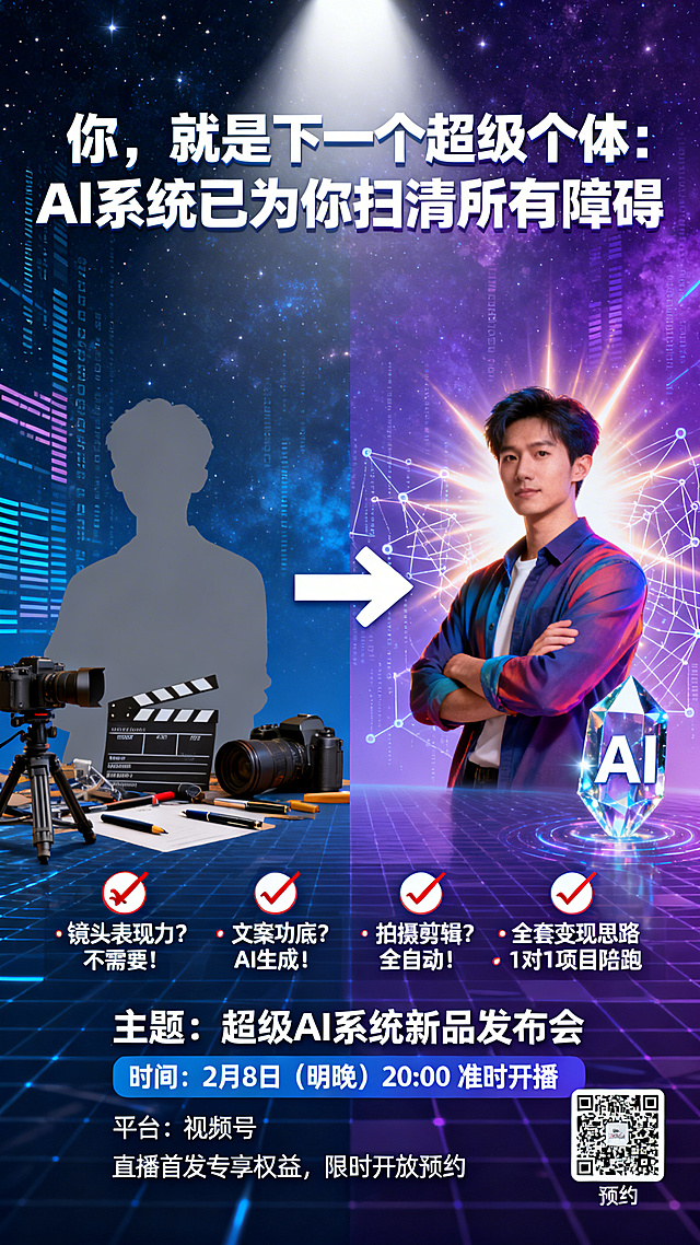 结合您的直播核心“0门槛打造超级个人IP”，我为您提炼了几个视觉与文案的关键方向，让海报瞬间抓住目标用户（渴望成功但缺乏技能的普通人）。---一、海报核心视觉元素建议1. 主体符号：阶梯/魔方/火箭 · 阶梯：从“普通人”迈向“超级个体”，直观展示“上升”与“突破”。 · 科技魔方：象征AI系统将复杂能力（文案、剪辑、表现力）整合、简化、重构，最终呈现完美解决方案。 · 简约火箭：代表成长速度和爆发力，从地面（0基础）一飞冲天（超级IP）。2. 人物对比剪影 · 左侧：一个模糊、平凡的灰色人影，身旁散落着复杂的工具（摄像机、打板、笔）。 · 右侧：一个清晰、自信的彩色人影，背后有光芒或矩阵网络，身旁只有一个简单的AI晶体或智能中枢。中间用一个大大的 “→” 或 “=” 连接。3. 背景与色调 · 深空蓝/星空紫渐变：体现科技感、未来感和无限可能。 · 动态数据流/矩阵网格：作为背景底纹，强化“AI系统”和“矩阵化”概念。 · 一束强光：从海报顶部打下，照亮主体人物或核心标题，象征“赋能”与“机遇”。---二、核心文案提炼（直接用于海报）主标题（最大最醒目，3选1）：1. “告别全能，AI赋能：普通人成为超级个体的时代已来” · （直击痛点，给出希望）2. “超级IP，AI造：0门槛发布会，今晚揭晓答案” · （简洁有力，悬念感强）3. “你，就是下一个超级个体：AI系统已为你扫清所有障碍” · （极具代入感和号召力）副标题/核心要点（突出核心价值）：· “无需镜头感、不写文案、不做剪辑：AI全搞定” · （三大痛点，一次性解决）· “从0到1，打造你的‘一人公司’：我们提供系统+思路+陪跑” · （说明完整闭环，打消后续顾虑）· “矩阵化布局，超级IP裂变：让影响力与收入指数级增长” · （描绘高级愿景和结果）直播信息（清晰醒目）：· 主题：超级AI系统新品发布会· 时间：X月X日（明晚）20:00 准时开播· 平台：【您的平台，如视频号/抖音等】· 悬念引导：“直播首发专享权益，限时开放预约”---三、海报版式布局建议（从上到下）1. 顶部区域：主标题 + 科技感背景。2. 中部区域：左右对比的人物剪影视觉图，或中央的AI核心装置（魔方/晶体）图。3. 中下部区域：用图标+短句列出核心优势，例如： · 🚫 镜头表现力？ 不需要！ · 🚫 文案功底？ AI生成！ · 🚫 拍摄剪辑？ 全自动！ · ✅ 全套变现思路 ✅ 1对1项目陪跑4. 底部区域：直播时间、平台、预约二维码（最核心行动指令）。一句话总结海报要传达的情绪：“以前打造IP需要你什么都会，现在，你只需要‘会’使用这个AI系统。”结合您的直播核心“0门槛打造超级个人IP”，我为您提炼了几个视觉与文案的关键方向，让海报瞬间抓住目标用户（渴望成功但缺乏技能的普通人）。---一、海报核心视觉元素建议1. 主体符号：阶梯/魔方/火箭   · 阶梯：从“普通人”迈向“超级个体”，直观展示“上升”与“突破”。   · 科技魔方：象征AI系统将复杂能力（文案、剪辑、表现力）整合、简化、重构，最终呈现完美解决方案。   · 简约火箭：代表成长速度和爆发力，从地面（0基础）一飞冲天（超级IP）。2. 人物对比剪影   · 左侧：一个模糊、平凡的灰色人影，身旁散落着复杂的工具（摄像机、打板、笔）。   · 右侧：一个清晰、自信的彩色人影，背后有光芒或矩阵网络，身旁只有一个简单的AI晶体或智能中枢。中间用一个大大的 “→” 或 “=” 连接。3. 背景与色调   · 深空蓝/星空紫渐变：体现科技感、未来感和无限可能。   · 动态数据流/矩阵网格：作为背景底纹，强化“AI系统”和“矩阵化”概念。   · 一束强光：从海报顶部打下，照亮主体人物或核心标题，象征“赋能”与“机遇”。---二、核心文案提炼（直接用于海报）主标题（最大最醒目，3选1）：1. “告别全能，AI赋能：普通人成为超级个体的时代已来”   · （直击痛点，给出希望）2. “超级IP，AI造：0门槛发布会，今晚揭晓答案”   · （简洁有力，悬念感强）3. “你，就是下一个超级个体：AI系统已为你扫清所有障碍”   · （极具代入感和号召力）副标题/核心要点（突出核心价值）：· “无需镜头感、不写文案、不做剪辑：AI全搞定”  · （三大痛点，一次性解决）· “从0到1，打造你的‘一人公司’：我们提供系统+思路+陪跑”  · （说明完整闭环，打消后续顾虑）· “矩阵化布局，超级IP裂变：让影响力与收入指数级增长”  · （描绘高级愿景和结果）直播信息（清晰醒目）：· 主题：超级AI系统新品发布会· 时间：X月X日（明晚）20:00 准时开播· 平台：【您的平台，如视频号/抖音等】· 悬念引导：“直播首发专享权益，限时开放预约”---三、海报版式布局建议（从上到下）1. 顶部区域：主标题 + 科技感背景。2. 中部区域：左右对比的人物剪影视觉图，或中央的AI核心装置（魔方/晶体）图。3. 中下部区域：用图标+短句列出核心优势，例如：   · 🚫 镜头表现力？ 不需要！   · 🚫 文案功底？ AI生成！   · 🚫 拍摄剪辑？ 全自动！   · ✅ 全套变现思路 ✅ 1对1项目陪跑4. 底部区域：直播时间、平台、预约二维码（最核心行动指令）。一句话总结海报要传达的情绪：“以前打造IP需要你什么都会，现在，你只需要‘会’使用这个AI系统。”