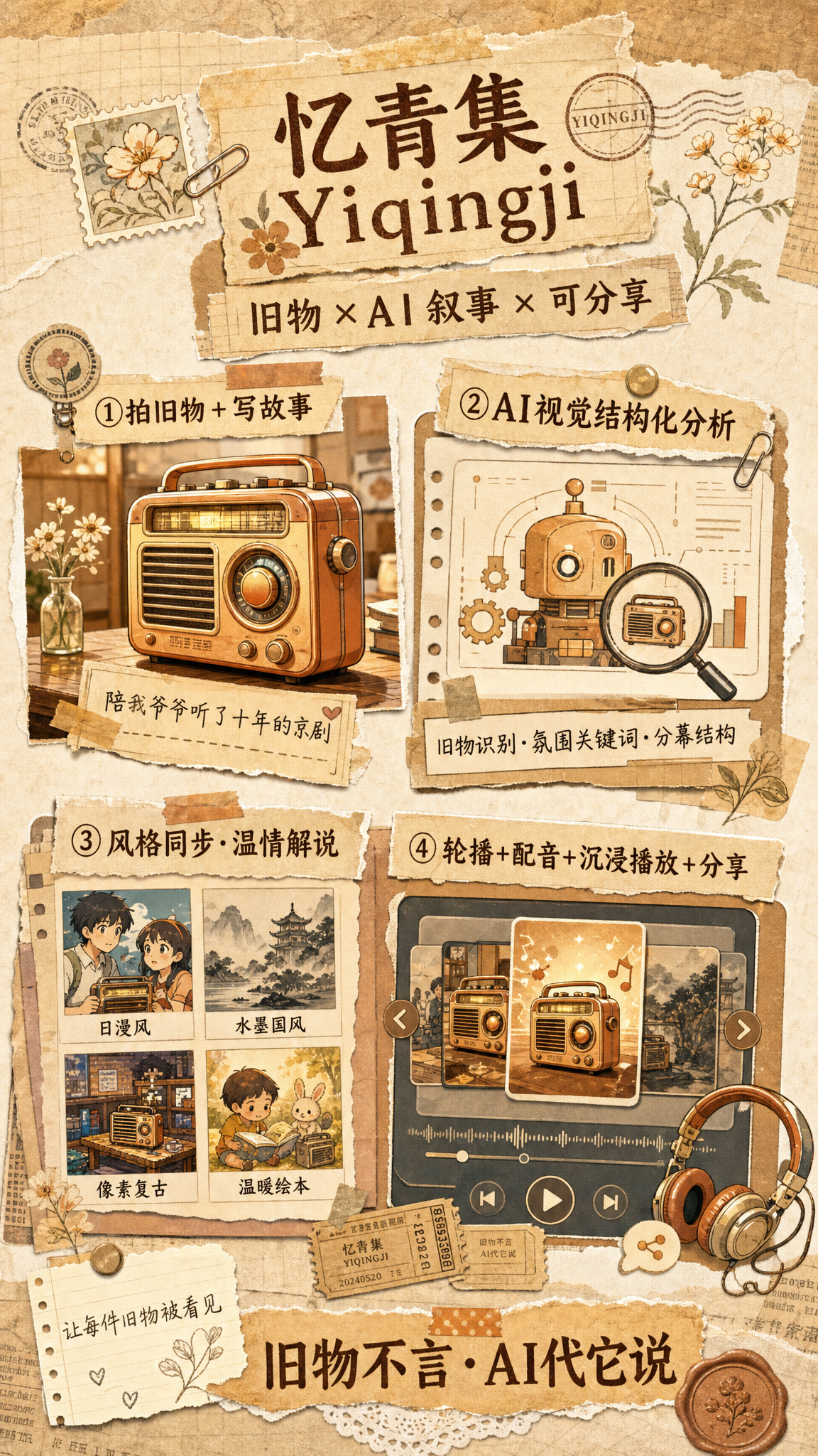 参考原图，重新生成竖版9:16的怀旧手账风四步信息图，突破排版… - 图片创意预览
