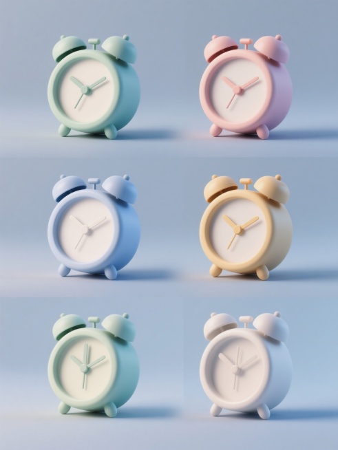一套6张的3D风格系列素材，每张均为单一闹钟图案规整排布，闹钟造型简约现代，整体保持圆润流畅的3D立体形态，具有光滑细腻的材质质感和柔和的高光阴影表现，采用纯色背景，无任何文字、logo及水印，仅改变闹钟的颜色搭配与款式设计（如不同颜色的钟身、铃铛、指针和底座，或细微的款式差异如铃铛大小、底座形状等），整体视觉统一且和谐。预览效果