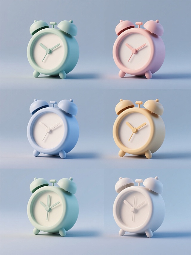 一套6张的3D风格系列素材，每张均为单一闹钟图案规整排布，闹钟造型简约现代，整体保持圆润流畅的3D立体形态，具有光滑细腻的材质质感和柔和的高光阴影表现，采用纯色背景，无任何文字、logo及水印，仅改变闹钟的颜色搭配与款式设计（如不同颜色的钟身、铃铛、指针和底座，或细微的款式差异如铃铛大小、底座形状等），整体视觉统一且和谐。