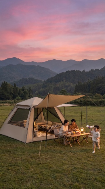 可拆分帐篷+天幕套装电商主图，无任何文字。场景为黄昏时分的郊野草坪，背景是粉紫渐变晚霞天空与层叠山林，光线温暖柔和。主体为参考图同款卡其色全遮光自动帐篷，带有侧窗，门半开可以看到内部露营家具，搭配同色预览效果