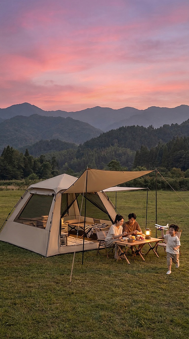 可拆分帐篷+天幕套装电商主图，无任何文字。场景为黄昏时分的郊野草坪，背景是粉紫渐变晚霞天空与层叠山林，光线温暖柔和。主体为参考图同款卡其色全遮光自动帐篷，带有侧窗，门半开可以看到内部露营家具，搭配同色系可拆分天幕，多杆支撑覆盖住露营餐桌区域。画面中有一家三口，年轻父母围坐露营桌椅用餐，小男孩手持玩具跑动，整体氛围温馨亲子。风格为高清写实，清新治愈，突出户外露营的舒适感与产品实用性，无AI畸变，为竖图。