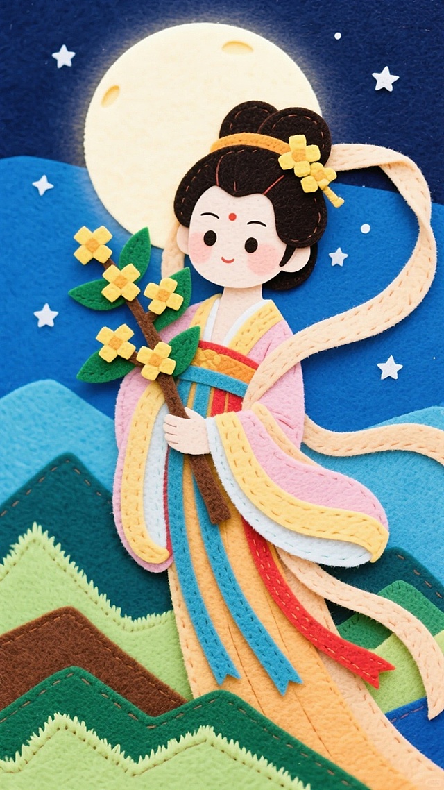 嫦娥抱着桂花树枝，后面有一轮圆月，身处夜空中，下方色彩和谐的山脉连绵起伏。嫦娥身着华丽的汉服，衣袂飘飘，面容温柔。整个构图层次丰富。