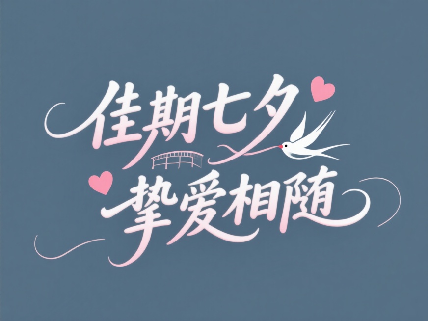 文字“佳期七夕，挚爱相随”，“七夕”二字可以略带连笔，体现鹊桥相连，“佳期”二字圆润饱满，体现美满，“挚爱相随”要更加流畅连贯，文字穿插点缀爱心和喜鹊。高级感，粉底白字。预览效果