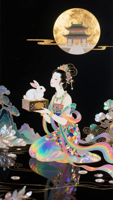 提着月饼礼盒的人（仙气飘飘，穿着仙女服饰）肩膀上蹲着玉兔，神话传说，奇幻，山海经，丰富的五彩装饰，意识流，黑色背景一轮鎏金月亮悬于天际居中有广寒宫，色彩丰富且具梦幻神秘感预览效果