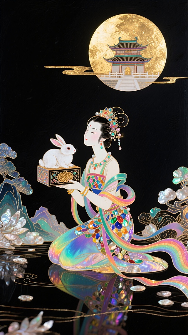 中秋之夜，皎皎明月上的广寒宫，嫦娥每逢月圆手捧月饼带玉兔凝望着人间，她将思念化为天地间光落下人世。