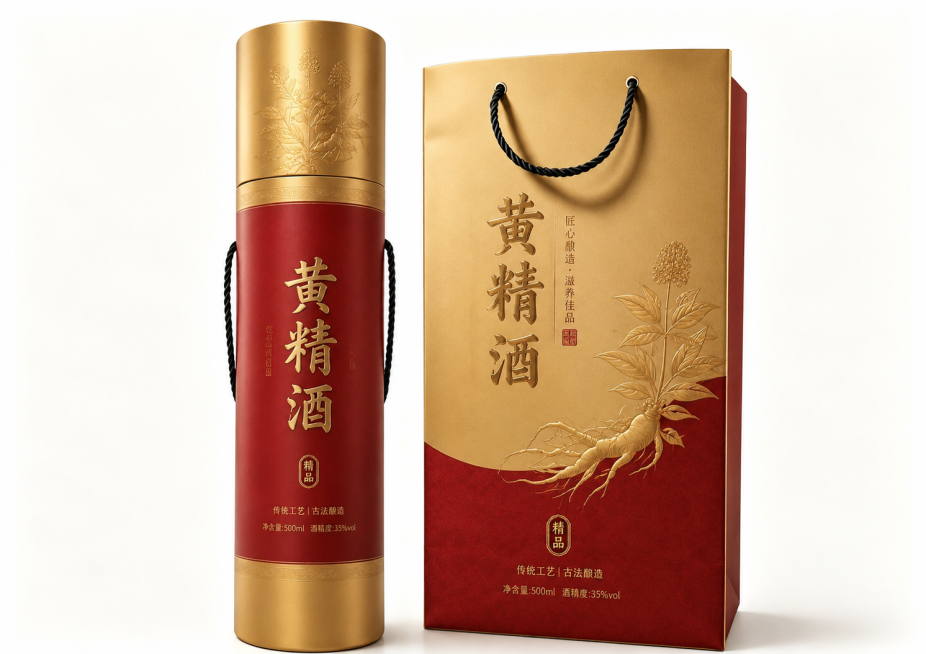 重新设计黄精酒外包装，采用金黄色和红色配色，保留原有的圆筒瓶和手提袋包装结构，高档质感预览效果