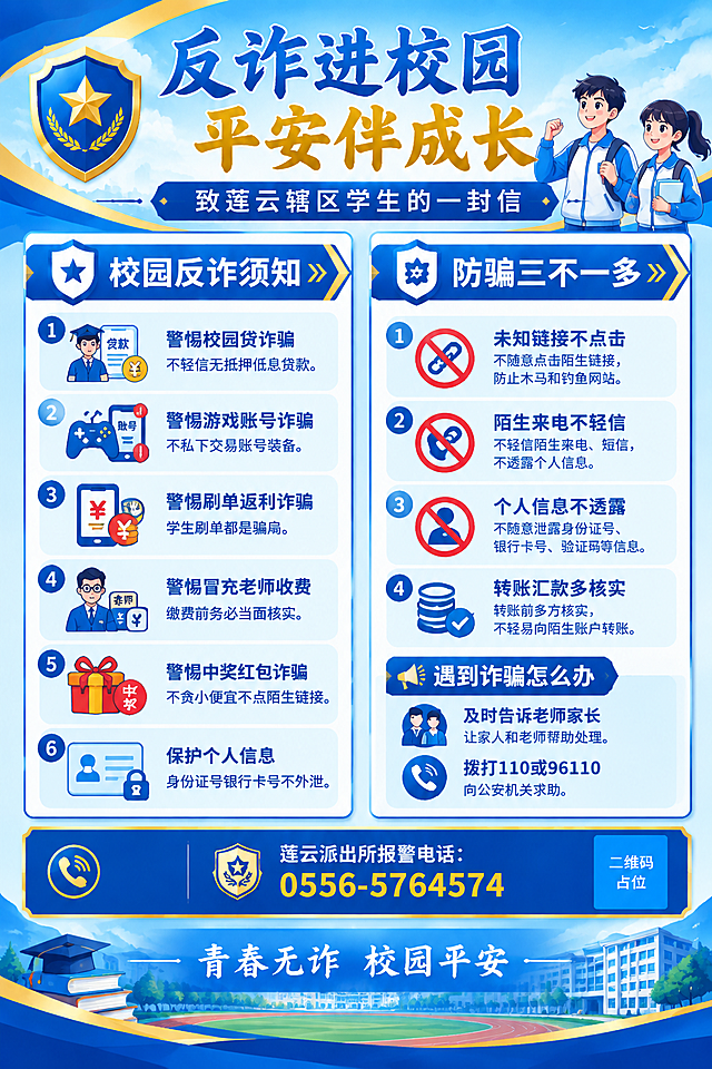 参考两张图的蓝金政务风格和双栏卡片版式骨架，生成一张A4竖版背景海报，主题为「给莲云辖区学生的一封信」正面学生反诈知识。整体风格：蓝金政务风，渐变蓝色天空背景，顶部金色飘带装饰，左上角警盾徽章（金色五角星+麦穗），底部校园建筑剪影（教学楼、操场、书本元素），金色点缀线条，加入活泼的学生元素但保持正式感。版式结构：顶部大标题区写「反诈进校园 平安伴成长」，副标题条写「致莲云辖区学生的一封信」，中间左右双栏卡片布局——左栏卡片标题「校园反诈须知」，内含6条编号列表（1.警惕校园贷诈骗：不轻信无抵押低息贷款 2.警惕游戏账号诈骗：不私下交易账号装备 3.警惕刷单返利诈骗：学生刷单都是骗局 4.警惕冒充老师收费：缴费前务必当面核实 5.警惕中奖红包诈骗：不贪小便宜不点陌生链接 6.保护个人信息：身份证号银行卡号不外泄），每条配简约学生风格图标；右栏卡片标题「防骗三不一多」，内含4条要点（未知链接不点击、陌生来电不轻信、个人信息不透露、转账汇款多核实），下方加「遇到诈骗怎么办」小提示区（及时告诉老师家长、拨打110或96110）；底部通栏深蓝色底写「莲云派出所报警电话：0556-5764574」，最底部标语「青春无诈 校园平安」。画面中所有信息区域必须填充完整合理的内容，不得出现空白框。画面中所有数字必须精确渲染，不得错位、遗漏或编造。二维码区域使用纯色方块占位符呈现。版式精美，层级分明，校园反诈宣传风格，2:3竖版比例。