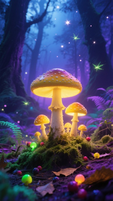 奇幻森林夜晚场景，发光的黄色蘑菇群，蘑菇伞盖圆润有光泽，带有细小斑点，菌柄粗壮，底部被茂密的荧光苔藓和蕨类植物环绕，地面散落着彩色发光浆果和枯叶，背景是朦胧的巨大树木剪影，顶部有星星点点的萤火虫飞舞，整体笼罩在神秘柔和的蓝紫色夜光中，光线从蘑菇底部和苔藓处发出，形成梦幻的光晕效果，画面采用微距摄影风格，前景清晰，背景虚化，色彩以蓝紫、荧光绿、暖黄为主，营造出静谧而奇幻的童话氛围，细节丰富，质感……预览效果