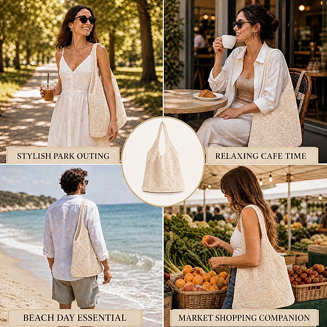 Change the color of all woven tote bags in the collage to match the light cream beige color in the reference image (image8), keep everything else exactly the same including all people, scenes, text banners, layout and center circular product, maintain all bag textures and patterns, premium lifestyle collage infographic, 1:1 square composition
