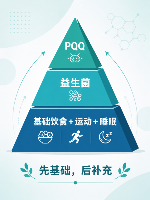 信息图表风格，一个金字塔结构，底层标注文字“基础饮食+运动+睡眠”，中间层标注文字“益生菌”，顶层标注文字“PQQ”，金字塔下方标注文字“先基础，后补充”，蓝绿色调，简洁现代信息图表设计预览效果